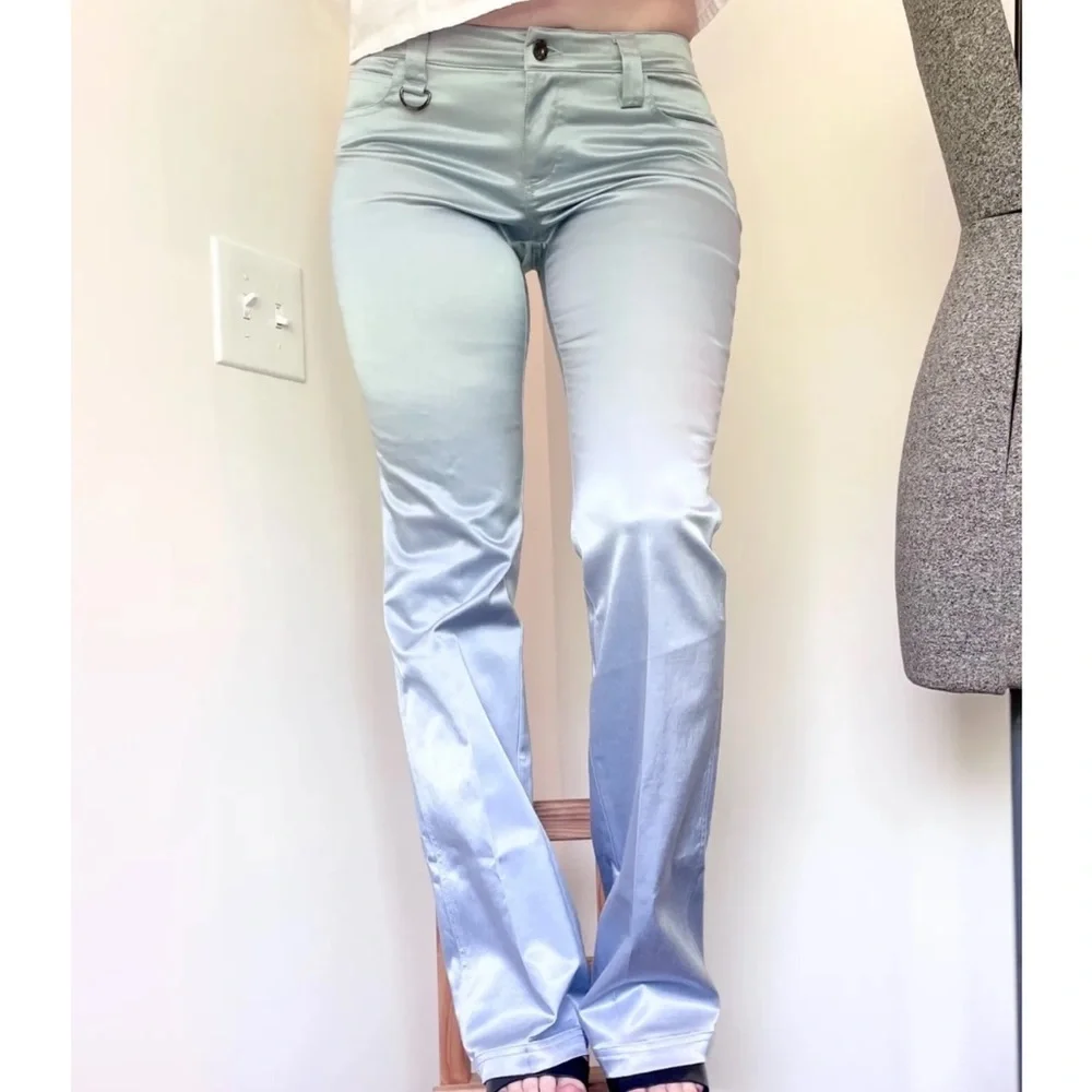 2000s era Y2K satin pants baby blue Guess flare low rise pants - Picture 2 of 8
